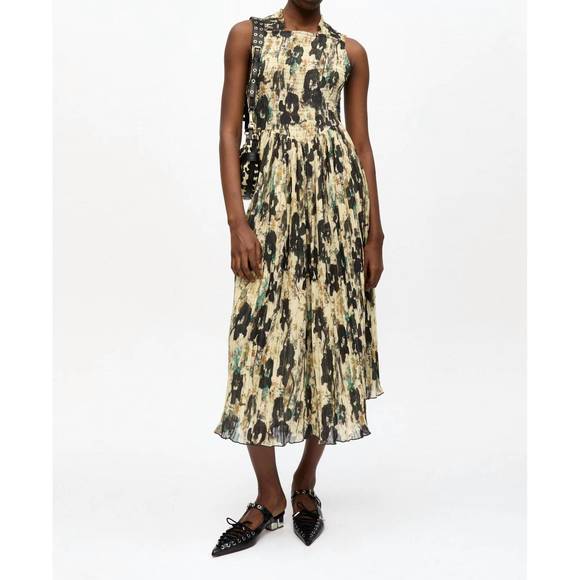 NEW GANNI printed pleats smock midi straps dress in afterglow